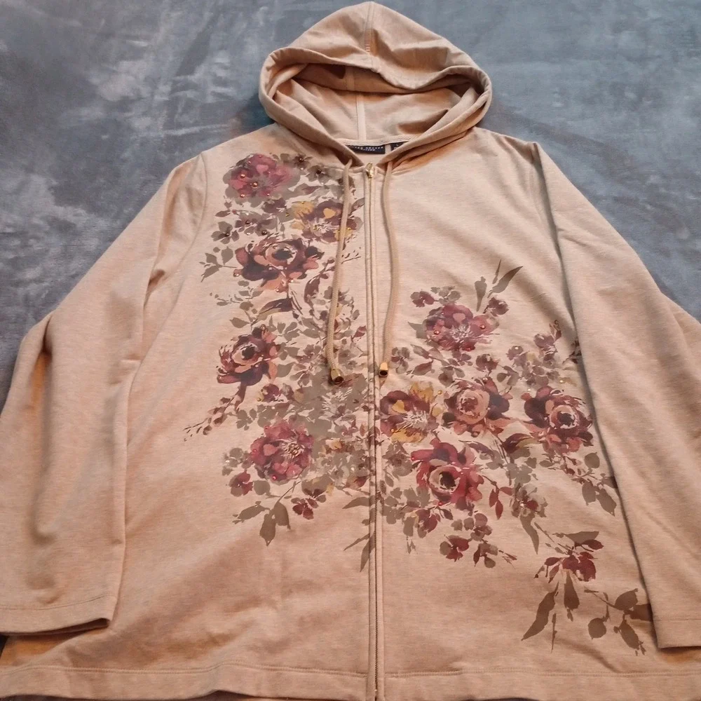 Susan Graver Weekend Jacket Coat Oatmeal French Terry Embellished Printed Size L